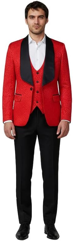 HBDesign Men's 3 Piece Tuxedo Embossed Fabric Black Satin Lapel Formal Suit for Special Events