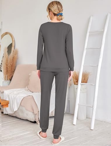 Image of Ekouaer 2 Pack Pajama Sets for Women,Long Sleeve Top With Jogger Pants Lounge Set Sleepwear with Pockets