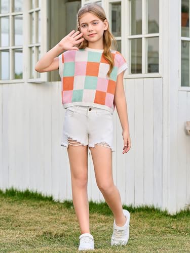 Image of Haloumoning Girls Summer Crop Tops Color Block Vest Cute Tanks Cap Sleeve Tee Loose Kids Knit Top 5-14 Years