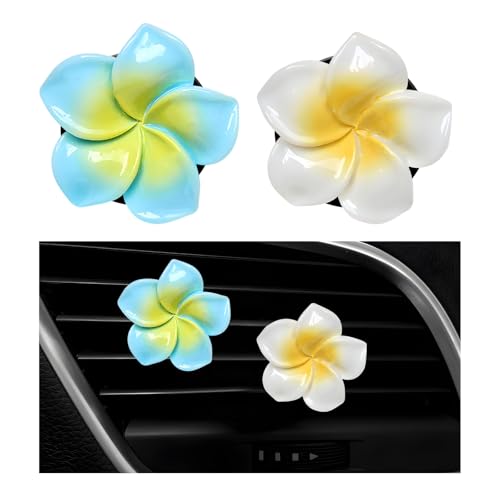 Image of Wevdn 2PCS Flower Car Air Vent Clips, Colorful Tropical Flower Air Freshener Vent Clips with Aromatic Pad, Air Conditioning Outlet Clip Plumeria Flower Decoration (Blue+White)