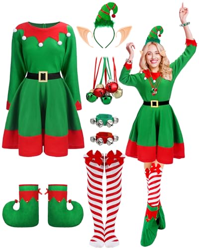 Suhine 12 Pcs Women Christmas Elf Costume Santa's Helpers Dress Outfit Elf Hat Bells Ears Shoes Xmas Fancy for Party(Large)