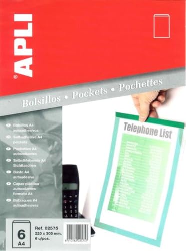 Pochette A4 porte-document adhésive Apli 002575 lot de 6 transparente
