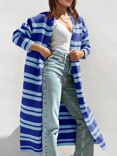 Saodimallsu Womens Striped Long Cardigans Open Front Color Block Long Sleeve Loose Knit Fall Duster Sweater Coat2