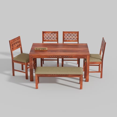 Image of 57 Inch Length Solid Sheesham Wood 6 Seater Dining Table Set | Six Seater Dinner Table with 4 Cushions Chairs & 1 Bench | Dinning Table Set 6 Seater for Living Room | Honey Finish