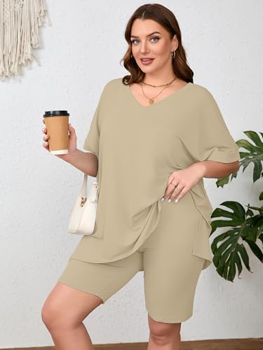 Image of AusLook Women's Plus Size 2 Piece Short Outfits Set Short Sleeve Tops and Shorts Pants Lounge Jogging outfits Matching Set