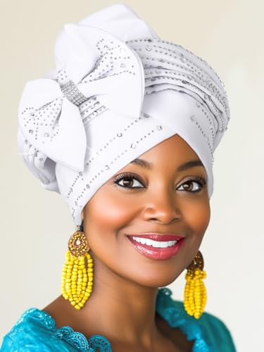 Woeoe African Gele Turbans White Rhinestones Head Wraps Bow Church Wedding Head Scarf for Women3