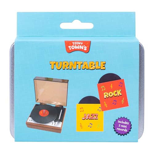 Fizz Creations Teeny Town Turntable – Miniature Novelty Vinyl Record Player with 2 Playable Records – Retro-Inspired Musical Gift for Vinyl Lovers, Home Decor, and Collectors