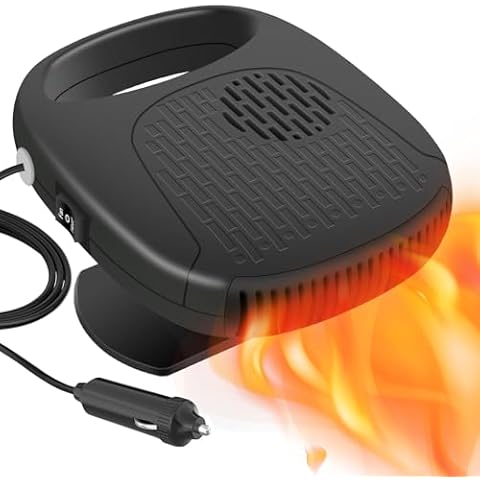 Car Heater, 12V 120W Car Fan, Car Windscreen Quick Defrost & Defog, Plug-in Cigarette Lighter, 2-in-1 Heating & Cooling Adjustable Thermostat, Black Cover
