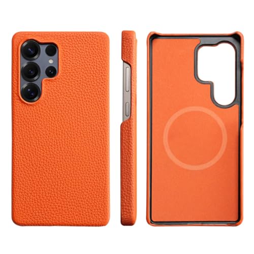 Coque Samsung S24+ en cuir naturel orange avec support arrière magnétique