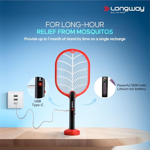 Image of Longway Swatt 2 in 1 UV Light Rechargeable Mosquito Killer Racket with Base Stand | 3500V DC Voltage on The Net Mesh | USB Type-C Charging | 1 Month Stand by 1200mah Long Lasting Battery (Black)