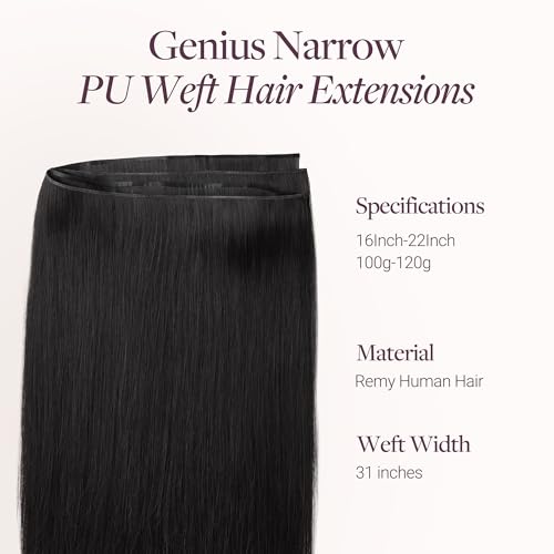 Image of GOO GOO Genius Narrow Edge PU Weft Hair Extensions Human Hair, Invisible Sew in Hair Extensions Human Hair, 1B Natural Black 22 Inch 120g, Seamless Soft Lightweight