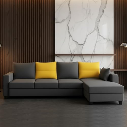 Image of CASASTYLE Texon 5 Seater Fabric RHS L Shape Sofa Set (Yellow-Dark Grey) Velvet Finish Comfortable Sectional Sofa Set