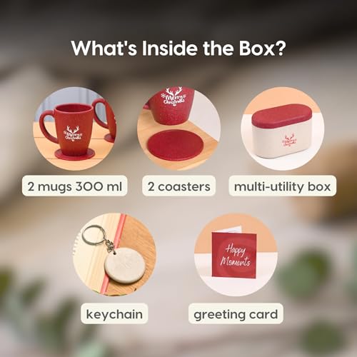 Image of Eha Earth-Friendly Christmas Gifts for Friends and Family | Secret Santa Gifts | Made with Rice Husk | Printed Christmas Mug and Coasters Set of 2, Keychain & Loopac Box | 300 ml | Coral