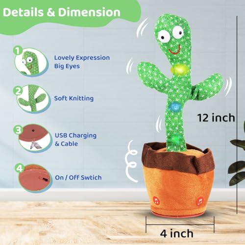 Image of Bumtum Dancing Cactus Toy, Wriggle & Singing for Babies & Kids, Plush Electronic Toys, Voice Recording Repeats(Green /Brown)