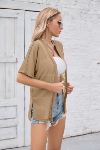 Image of Iandroiy Women's Lightweight Open Front Cardigans Casual Short Sleeve Blouse Tops