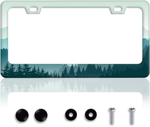 AKMASK License Plate Frames, Durable License Plate Covers with Screws, Universal Aluminum Tag Frame, Cute License Plate Holder for Women & Men, Car Accessories Decoration, Beautiful Green Mountain