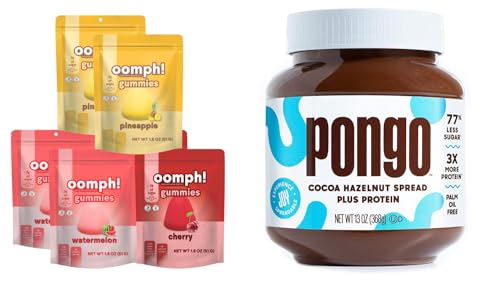 Pongo Cocoa Hazelnut Protein Spread 13oz and Oomph! Sweets Fiber Gummies, 6-Pack Variety Cherry, Watermelon, Pineapple
