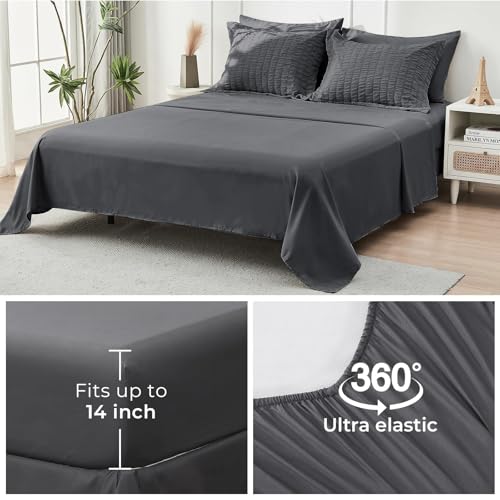HYMOKEGE 7 Piece King Size Comforter Set Seersucker, All Season Luxury Bed in a Bag for Bedroom, Bedding Set with Comforters, Sheets, Pillowcases & Shams, Dark Grey