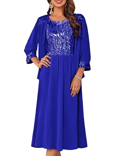 Image of GRACE KARIN Formal Wedding Guest Dress Sequin Mother of The Bride Dresses | Two Piece,3 /4 Sleeve,Tea Length,Crew Neck,Fit and Flare,Chiffon,Suitable for Spring /Summer /Fall /Winter /Cocktail /Party /Prom