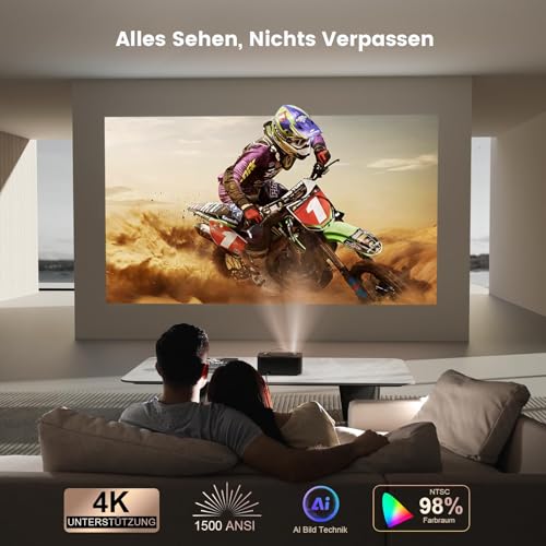 Beamer-4K Passend für Netflix Dolby Audio ONOAYO 1500ANSI HDR10+ HDMI eARC Smart Beamer Heimkino, 1080P Full HD KI-Autofokus WiFi 6 Bluetooth 5.3 Tragbarer Mini Outdoor Projektor ​​​​Kino Überall