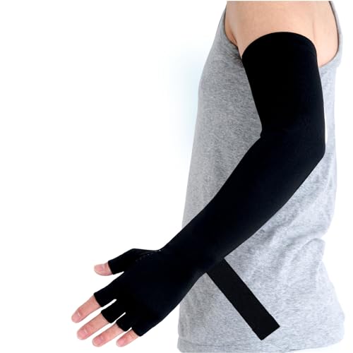 Image of Long Copper Compression Arm Sleeve with Hand, Fingerless Compression Glove with Sleeve for Men Women, Graduated Compression Full Arm Support