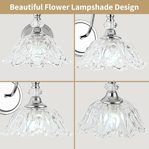 Image of 1 Piece Chrome Wall Sconce with Floral Clear Glass Shade, Modern Wall Mount Lighting for Bathroom,Modern Bathroom Vanity Light Fixture