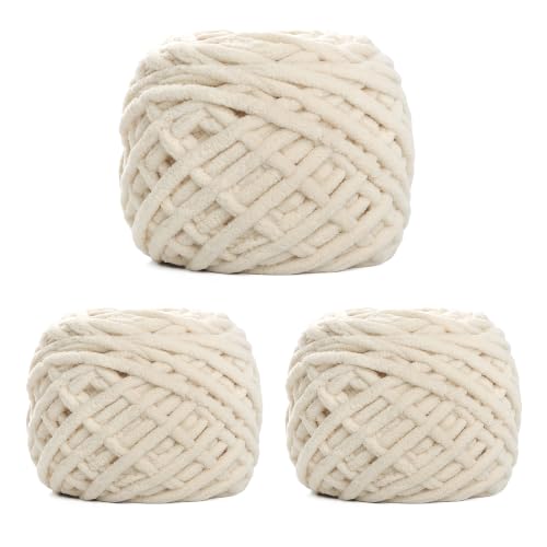 Image of Plush Chenille Chunky Yarn for Crocheting 100g(54.6yd) - Bulky Thick Fluffy Yarn for Knitting- Soft Velvet for Baby, Blanket Knitting Blanket Yarns- Amigurumi Yarns (3- Beige)