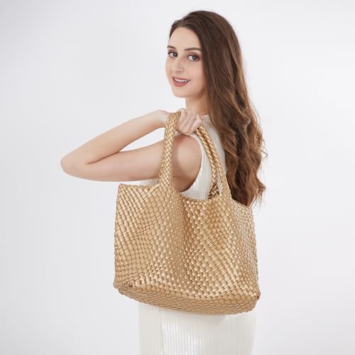 Image of Woven Tote Bag Womens Purse Vegan Leather Shoulder Handbags Fashion Summer Beach Tote Bags Large Travel Totes