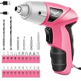 JENABOM Pink Cordless Electric Screwdriver, 3.6V Rechargeable Small Electric Drill with 24pcs Driver Bit Set, Power 3.5Nm Screw Gun with LED Light for Women