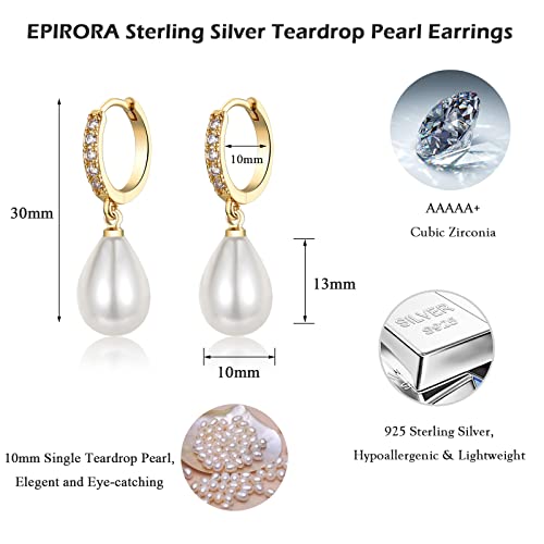 Epirora Sterling Silver Simulated Shell Pearl Hoop Earrings Cubic Zirconia Dangle Drop Earrings Jewelry For Women Girls 10Mm, Gold (Teardrop) #TOP4