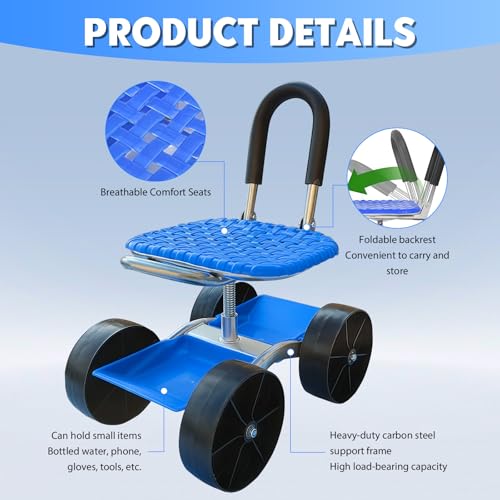 TAZZOR Gartensitz mit Rollen, Garten Rollsitz, 360° Drehbar | Höhenverstellbar, Mobiler Gartenhocker für Gartenarbeit, Rollbarer Gartenwagen mit Griff und Ablagefach, Gartenarbeitssitz bis 150 kg