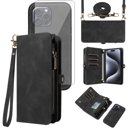 Coque de téléphone pour iPhone 15 Pro 6,1 porte-cartes zippé et bandoulière