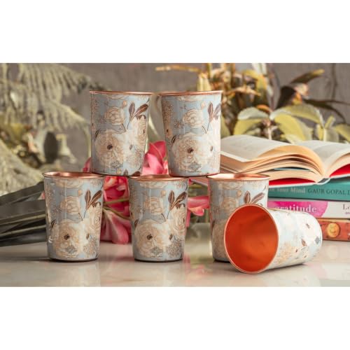 Image of INDIAN ART VILLA Copper Gold Print Design Glass, 275 ML, Copper Ayurvedic Drinkware for Daily Water Drinking, Elegant Floral Printed Tumbler for Home, Office, Kitchen & Gifting, Set of 6