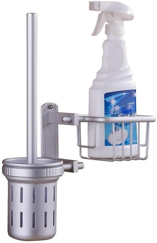 Aluminum Toilet Brush with Holder and Basket, Wall Mounted Bathroom Shelf Set, Silver