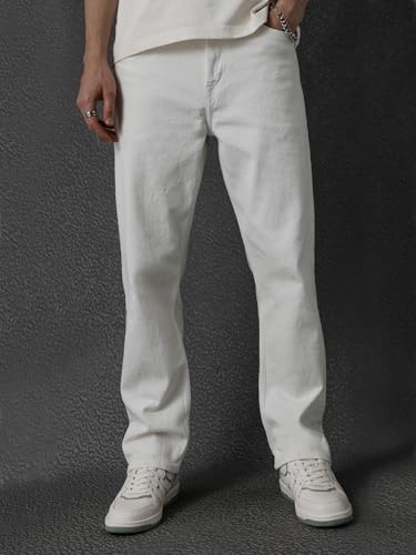 Image of VOLTEDGE Men's Straight Fit Mid Rise Premium 100% Cotton Stretch White Casual Denim Jeans