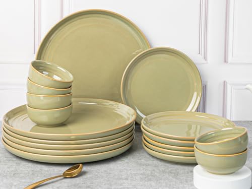 Image of Bodhi House Handcrafted Chip Resistance Porcelain Dinner Set, 18 Pieces Dish Set Serving for 6, Microwave and Dishwasher Safe, Bone-ash Free, Crockery Set for Dining and Gifting, Olive Green