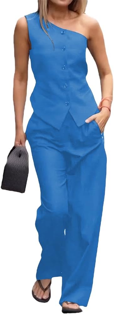 2 PC Womens Outfits One Shoulder Vest Tops Sleeveless Blazer Vest with Pants Formal Suit Women Tuxedos Suit