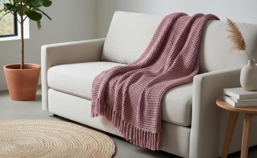 Image of 100% Cotton Waffle Weave Sofa Throw Blanket 50x60 Inches or 125x150 cms Lightweight, Soft & Breathable Couch, Bed or Chair Throw Blanket for Living or Bedroom, Onion