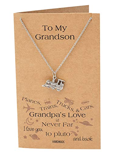 Quan Jewelry Steam Engine Train Necklace with Inspirational Message on Greeting Card, Birthday Gifts for Grandson in Silver Tone, Adjustable Chain 16" to 18"2