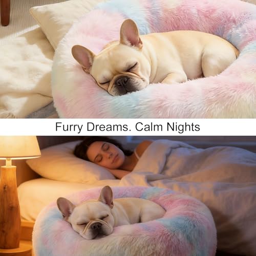 Image of Dog Calming Beds for Medium Large Dogs Round Donut Washable Anxiety Dog Bed | Anti-Slip Faux Fur Fluffy Donut Cuddle Anxiety Large Dog Bed Up to 65 Lbs(32 inch Colorful)