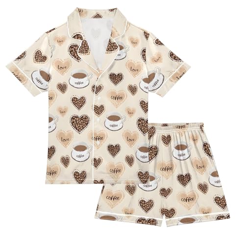 Brown Coffee Cups Love Pajamas Set Summer Button Down Sleepwear Pjs Sets Comfy Loungewear