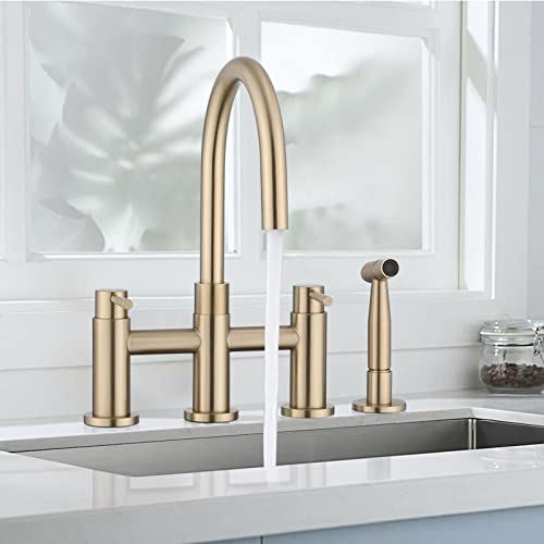 Dornberg Bridge Kitchen Faucet With Side Sprayer, 2 Handle Farmhouse Sink Faucet Spot-Free Stainless Steel, 4 Hole For Easy To Install - Brushed Golden #TOP2