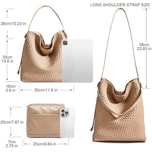 Image of Large Woven Tote Bag Vegan Leather Shoulder Bag for Women Fashion Travel Shopper Bag Top Handle Handbag and Purse