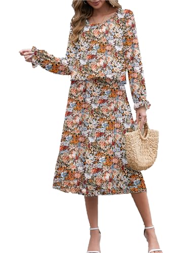 Womens Casual Midi Dress Long Sleeve Floral Chiffon A Line Flowy Vacation Dresses