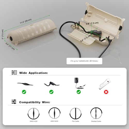 Image of Flemoon Outdoor Extension Cord Safety Cover, IP44 Waterproof Electrical Box | Waterproof Protector Seal, Weatherproof Electrical Connection Box for Outlets, Plugs, Sockets, Holiday Decorations, Almond