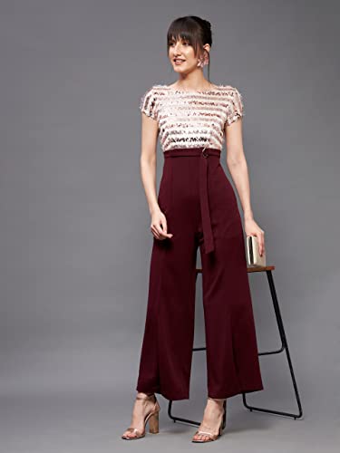 Image of Miss Chase Women's Halter Neck Sleeveless Solid Wide Leg Sequin Paneled Regular Length Jumpsuit