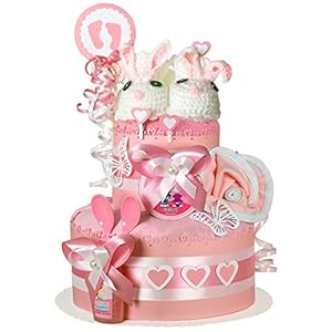 MomsStory – Windeltorte Mädchen | Haase | Baby-Geschenk zur Geburt Taufe Babyshower | 2 Stöckig (Rosa) mit Baby-Schuhchen Lätzchen Schnuller & mehr