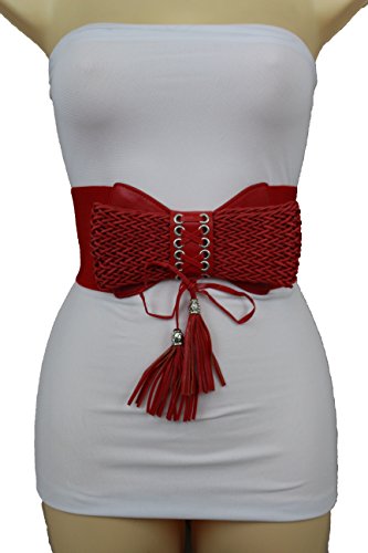 TFJ Women Elastic Wide Fashion Corset Bow Belt High Waist Tassel S M L Red2