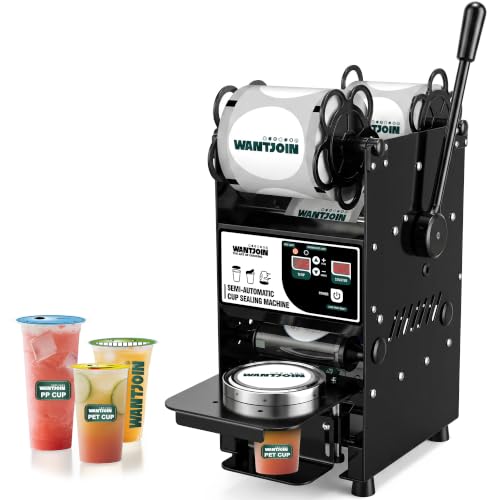 Image of WantJoin Semi Automatic Cup Sealing Machine, 2S Cup Sealer Machine Black | Auto Film Calibration, Cup Counting, PP PET Paper Cups for Bubble Tea Shops /Cafe /Juice Bar
