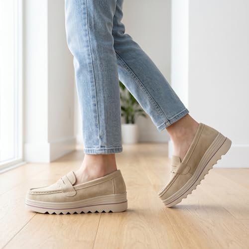 Image of Ruiatoo Women's Slip-On Platform Loafers Suede Wedge Mocs Low-Top Lightweight Casual Office, Travel, Daily Walking Shoes
